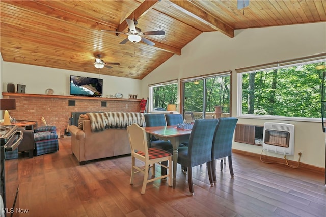 11140 Andrus Dr, Glouster, OH 45732 - dining space featuring heating unit, ceiling fan, wood ceiling, and wood-type flooring