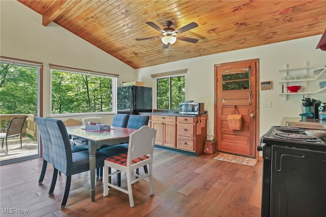 11140 Andrus Dr, Glouster, OH 45732 - dining room featuring wood ceiling, light wood-type flooring, and a ceiling fan