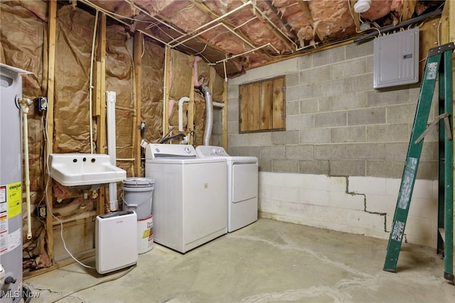 11140 Andrus Dr, Glouster, OH 45732 - unfinished below grade area featuring independent washer and dryer, electric panel, concrete block wall, and gas water heater