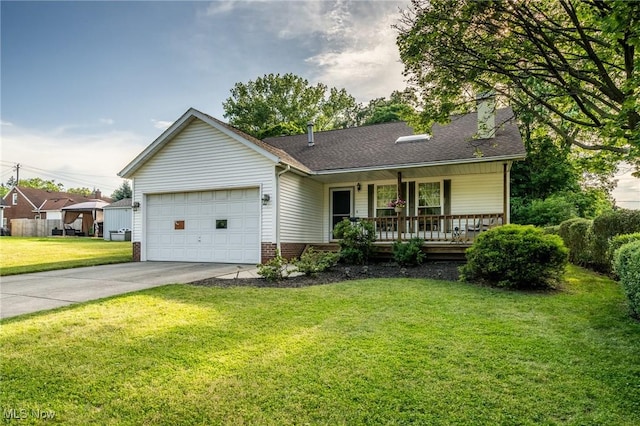 1870 E 223rd St, Euclid, OH 44117 - ranch-style home with covered porch, concrete driveway, a garage, a front yard, and roof with shingles