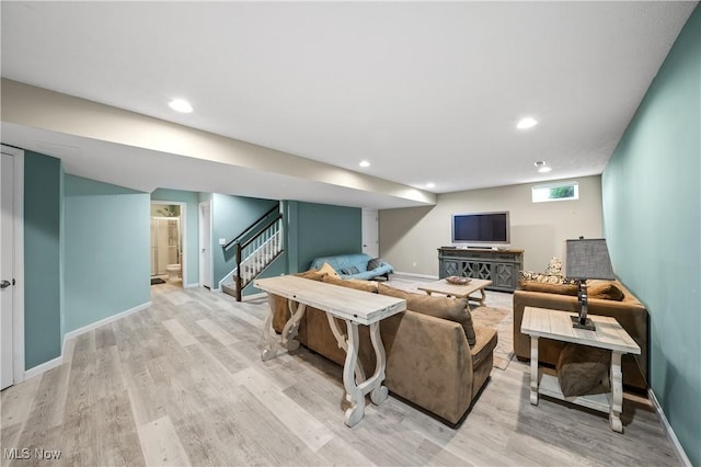 8028 Megan Meadow Dr, Hudson, OH 44236 - living room with light wood-type flooring, stairway, and recessed lighting