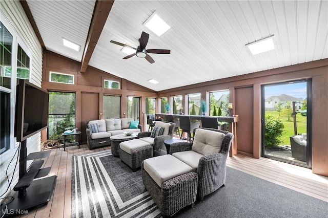 8028 Megan Meadow Dr, Hudson, OH 44236 - sunroom featuring an outdoor hangout area, ceiling fan, wood-type flooring, and a wooden deck