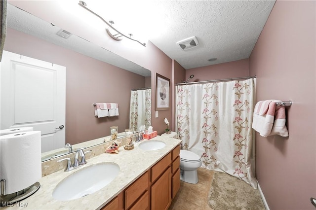 8028 Megan Meadow Dr, Hudson, OH 44236 - bathroom with double vanity, a textured ceiling, a shower with curtain, and tile patterned flooring