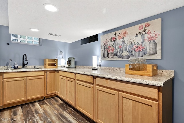 14370 Washington Blvd, University Heights, OH 44118 - kitchen featuring dark wood-style floors, light stone countertops, a textured ceiling, light brown cabinetry, and recessed lighting