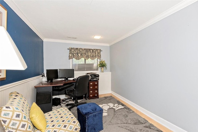 7148 N Brewster Pl, Concord, OH 44077 - office space with crown molding, wood finished floors, and a wainscoted wall