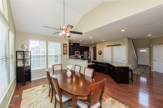 3139 Junior Pkwy, Brunswick, OH 44212 - dining area with wood finished floors, a ceiling fan, vaulted ceiling, and recessed lighting