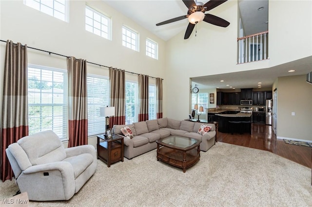 3139 Junior Pkwy, Brunswick, OH 44212 - living area with a ceiling fan, wood finished floors, and a high ceiling