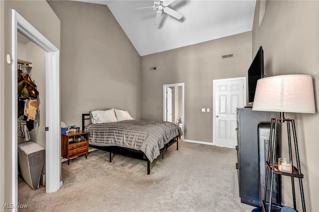 254 Vista Cir, North Olmsted, OH 44070 - bedroom featuring light carpet, high vaulted ceiling, and ceiling fan