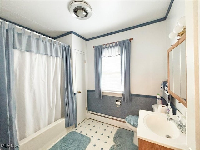 707 Jefferson St, Toronto, OH 43964 - bathroom with baseboard heating, vanity, ornamental molding, shower / bathtub combination with curtain, and tile patterned floors