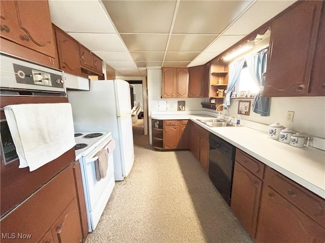 707 Jefferson St, Toronto, OH 43964 - kitchen with white appliances, a drop ceiling, light countertops, open shelves, and ventilation hood