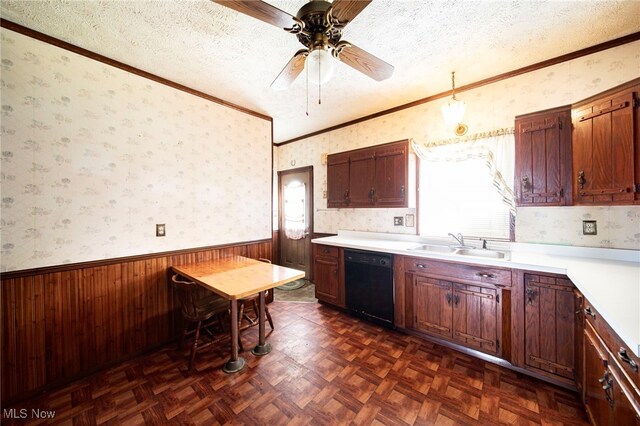 238 Whitney St, Conneaut, OH 44030 - kitchen with black dishwasher, a wainscoted wall, wallpapered walls, ornamental molding, and light countertops