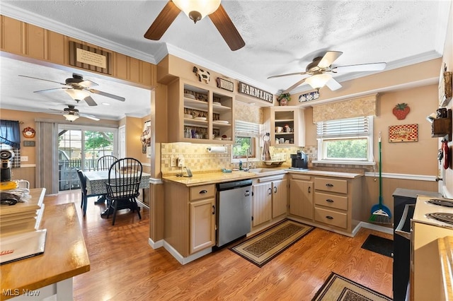 4843 Summer Ln, Brooklyn, OH 44144 - kitchen with dishwasher, ceiling fan, range with electric stovetop, ornamental molding, and a textured ceiling