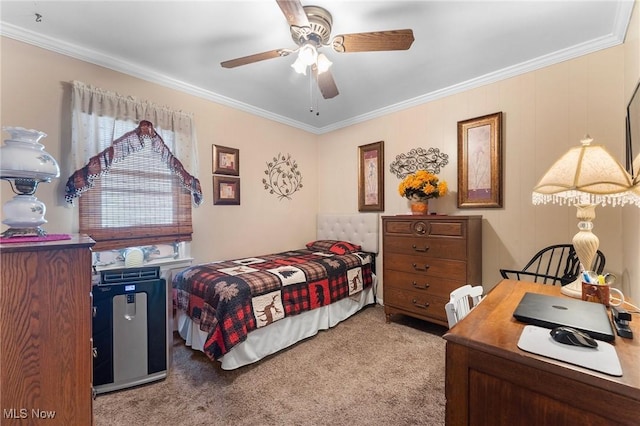 4843 Summer Ln, Brooklyn, OH 44144 - bedroom with carpet flooring, ornamental molding, a ceiling fan, and a desk