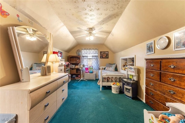 4843 Summer Ln, Brooklyn, OH 44144 - bedroom featuring dark colored carpet, vaulted ceiling, and ceiling fan