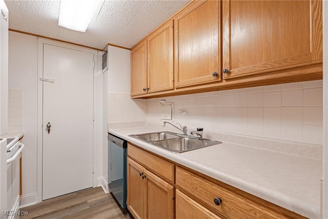 19201 Van Aken Blvd Unit 211, Shaker Heights, OH 44122 - kitchen featuring stainless steel dishwasher, white range with electric cooktop, light wood-type flooring, tasteful backsplash, and light countertops
