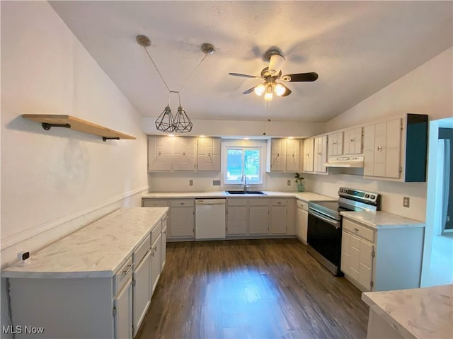 123 Prentiss St, Munroe Falls, OH 44262 - kitchen with dishwasher, stainless steel range with electric stovetop, lofted ceiling, under cabinet range hood, and dark wood finished floors