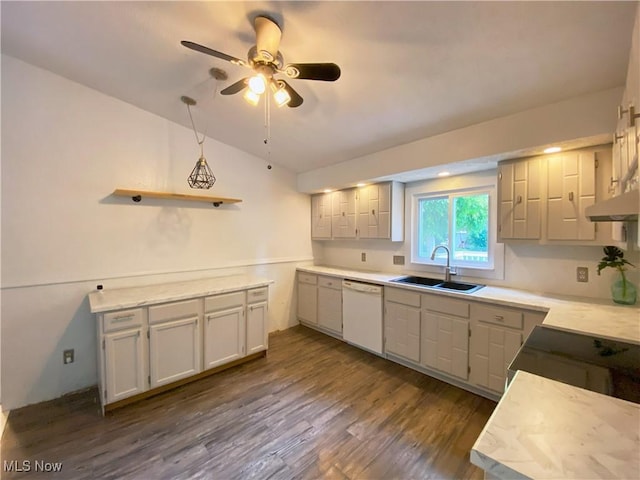 123 Prentiss St, Munroe Falls, OH 44262 - kitchen featuring dishwasher, lofted ceiling, dark wood-style floors, ceiling fan, and light countertops