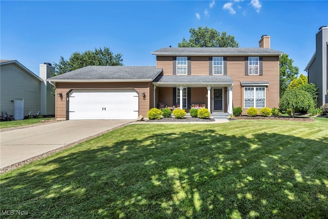 567 Westminster Cir, Akron, OH 44319 - traditional home with an attached garage, covered porch, driveway, a front lawn, and a chimney