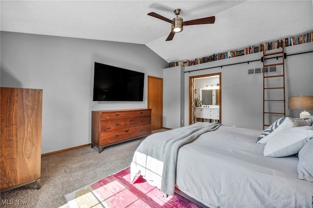 567 Westminster Cir, Akron, OH 44319 - carpeted bedroom with lofted ceiling, connected bathroom, and a ceiling fan