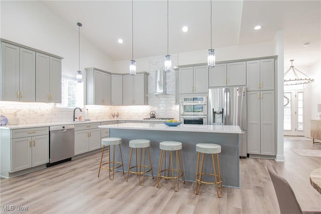 993 Pin Oaks Dr, Broadview Heights, OH 44147 - kitchen with appliances with stainless steel finishes, wall chimney exhaust hood, gray cabinets, decorative backsplash, and lofted ceiling