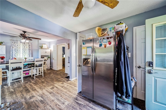 6086 N Wright St, Kingsville, OH 44048 - kitchen with stainless steel refrigerator with ice dispenser, ceiling fan, wood finished floors, and a textured ceiling