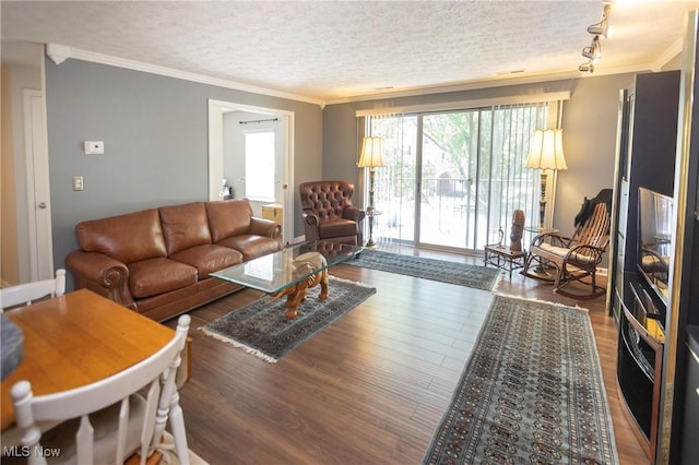 2021 King James Pkwy Unit 214, Westlake, OH 44145 - living room featuring crown molding, wood finished floors, and a textured ceiling