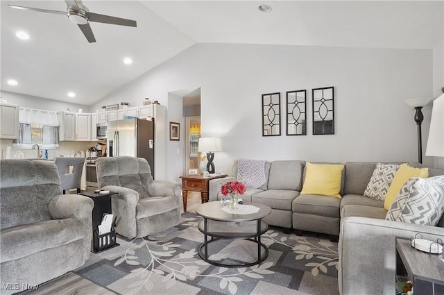47688 Tomahawk Dr, Negley, OH 44441 - living room featuring ceiling fan, vaulted ceiling, and recessed lighting