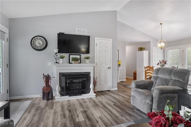 47688 Tomahawk Dr, Negley, OH 44441 - living room with healthy amount of natural light, wood finished floors, a premium fireplace, and high vaulted ceiling
