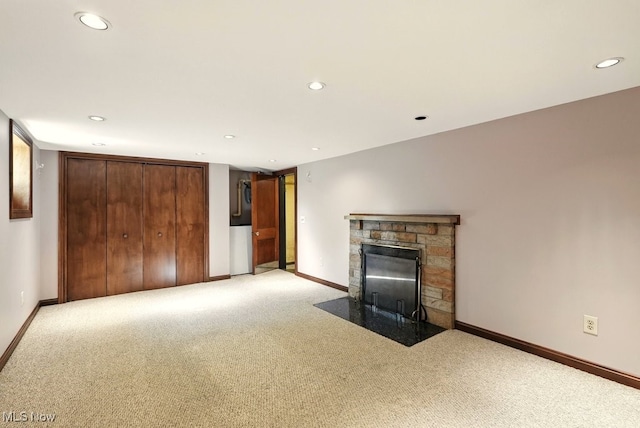 5105 E Sprague Rd, Independence, OH 44131 - unfurnished living room featuring light carpet, a fireplace, and recessed lighting