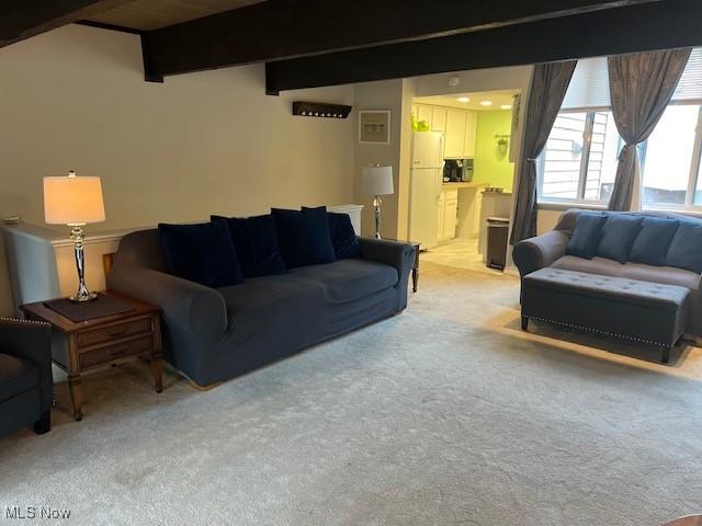 2091 Penguin Ave, Akron, OH 44319 - living area featuring light carpet and beamed ceiling