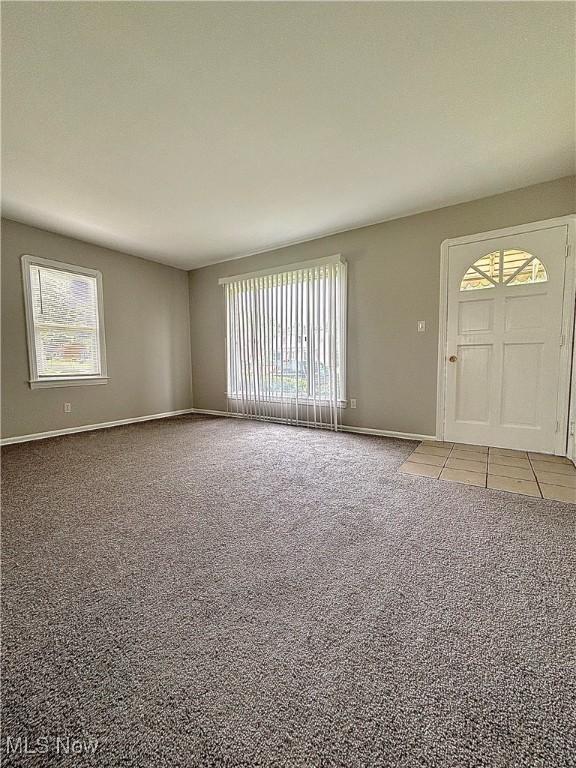 unfurnished living room with light carpet and baseboards