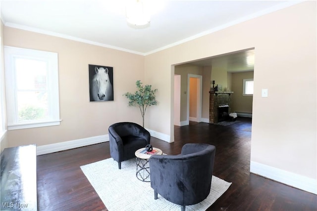1120 Delia Ave, Akron, OH 44320 - sitting room featuring crown molding, dark wood finished floors, plenty of natural light, and a brick fireplace