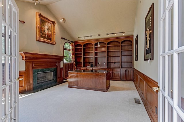 4837 Arbour Green Dr, Bath, OH 44333 - unfurnished office with rail lighting, light colored carpet, a wainscoted wall, lofted ceiling, and a premium fireplace