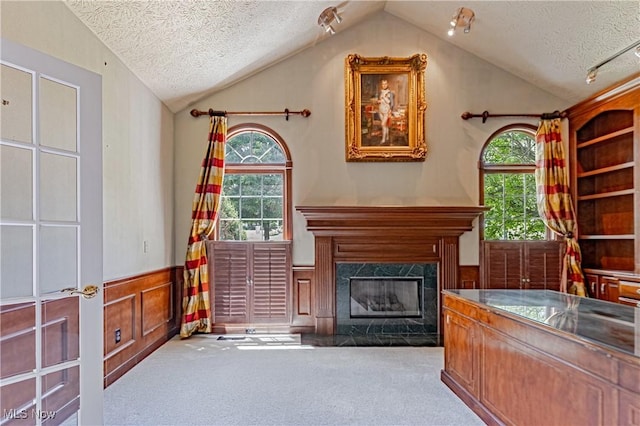 4837 Arbour Green Dr, Bath, OH 44333 - unfurnished living room with lofted ceiling, a textured ceiling, wainscoting, carpet floors, and a high end fireplace