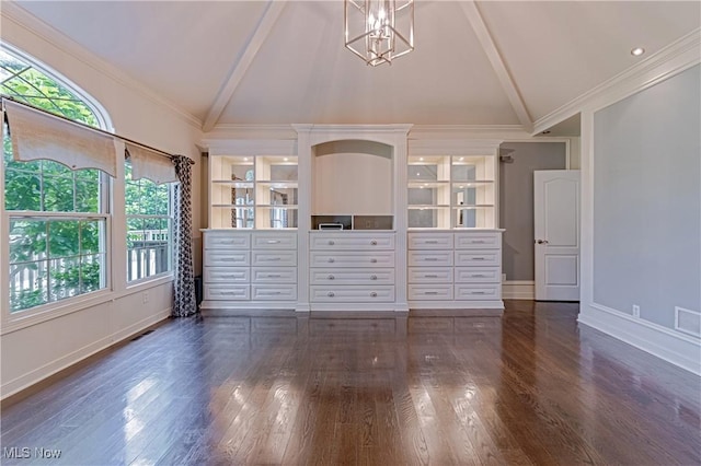 4837 Arbour Green Dr, Bath, OH 44333 - unfurnished living room featuring beamed ceiling, dark wood-style floors, a chandelier, and high vaulted ceiling