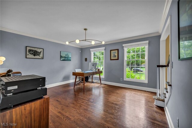 561 Willard Rd, Aurora, OH 44202 - office with ornamental molding, wood finished floors, and a chandelier