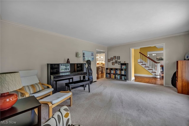 561 Willard Rd, Aurora, OH 44202 - sitting room featuring ornamental molding, carpet flooring, and stairs