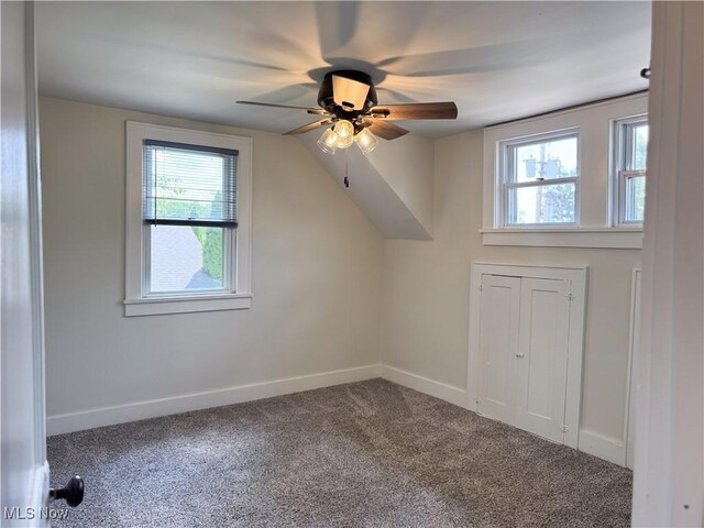 114 Hillcrest St, Ravenna, OH 44266 - additional living space with a ceiling fan, carpet flooring, plenty of natural light, and vaulted ceiling