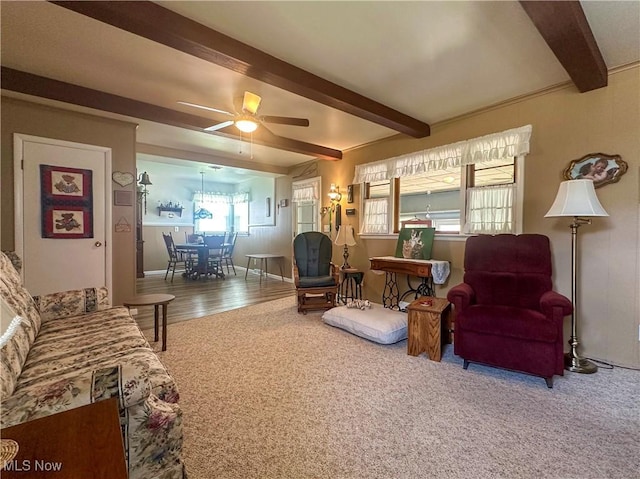 30 Bond St, Niles, OH 44446 - living area featuring beam ceiling, carpet, and ceiling fan
