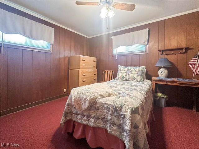 30 Bond St, Niles, OH 44446 - carpeted bedroom with ceiling fan, ornamental molding, and wood walls