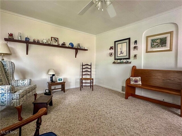 30 Bond St, Niles, OH 44446 - sitting room featuring ceiling fan, ornamental molding, and carpet floors