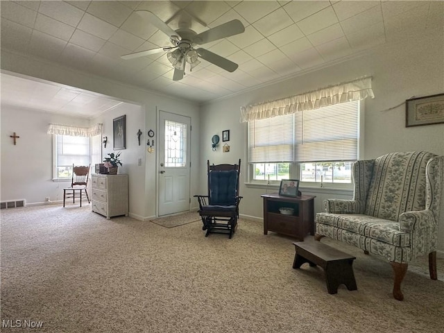 30 Bond St, Niles, OH 44446 - living area with ornamental molding, carpet flooring, and ceiling fan