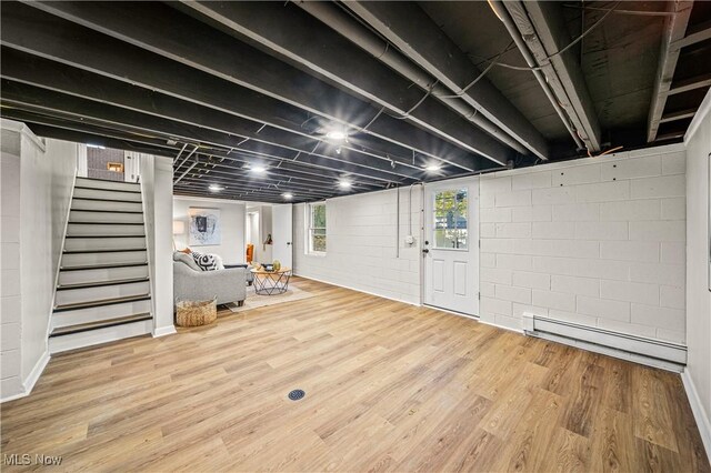30529 Ridge Rd, Wickliffe, OH 44092 - below grade area with a baseboard radiator, stairway, wood finished floors, and concrete block wall