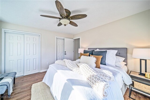30529 Ridge Rd, Wickliffe, OH 44092 - bedroom with two closets, wood finished floors, and ceiling fan