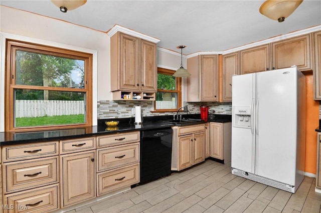 120 N Middle St, Columbiana, OH 44408 - kitchen featuring white refrigerator with ice dispenser, dishwasher, dark countertops, and decorative backsplash