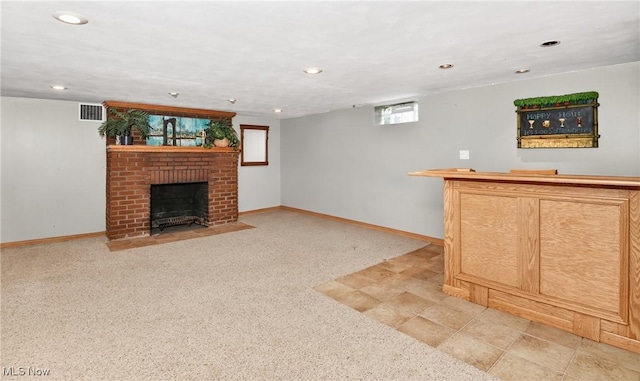 120 N Middle St, Columbiana, OH 44408 - unfurnished living room featuring a brick fireplace, recessed lighting, and a bar
