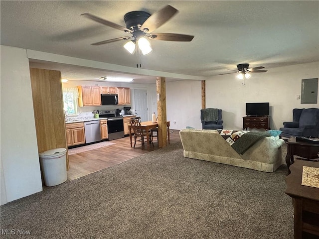 3028 Volcano Rd, Walker, WV 26180 - living area with light colored carpet, electric panel, ceiling fan, a textured ceiling, and light wood-type flooring