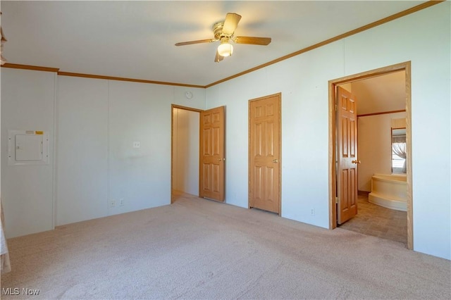 18592 Edwards Rd Unit 1, Doylestown, OH 44230 - unfurnished bedroom featuring carpet floors, ornamental molding, ensuite bath, electric panel, and ceiling fan