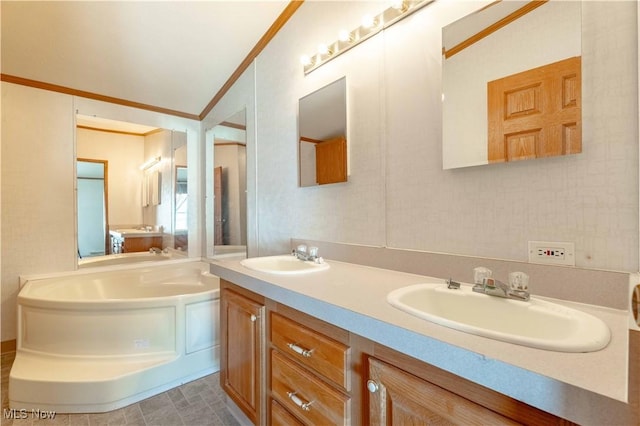 18592 Edwards Rd Unit 1, Doylestown, OH 44230 - bathroom with crown molding, double vanity, and a bath