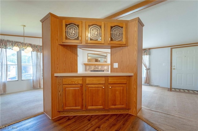 18592 Edwards Rd Unit 1, Doylestown, OH 44230 - kitchen with brown cabinetry, glass insert cabinets, light countertops, dark wood-style flooring, and dark carpet